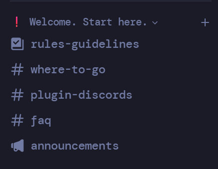 Tukui Discord’s Welcome. Start here. section showing rules-guidelines, where-to-go, plugin-discords, faq, and announcements.